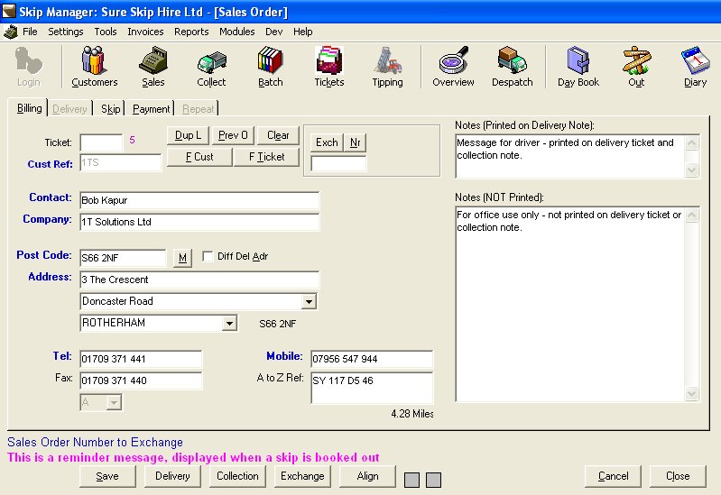  Enter a Sales Order / Skip Hire Details 